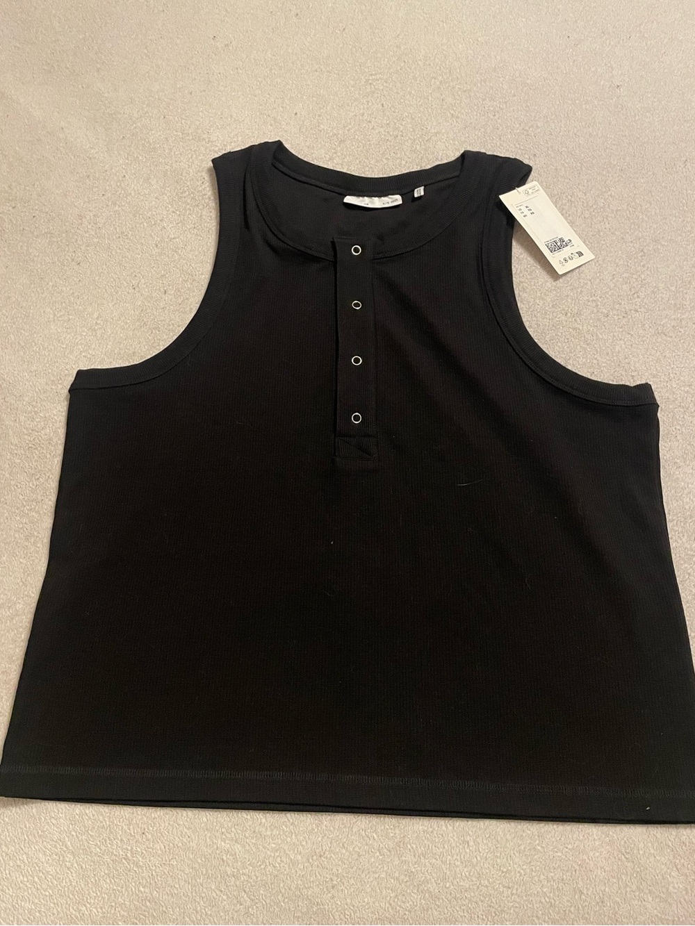 Men’s H&M Atelier Black Ribbed Henley Tank Top silver button, heavy cotton, NWT
